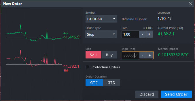How the order page for a margin trade will look like